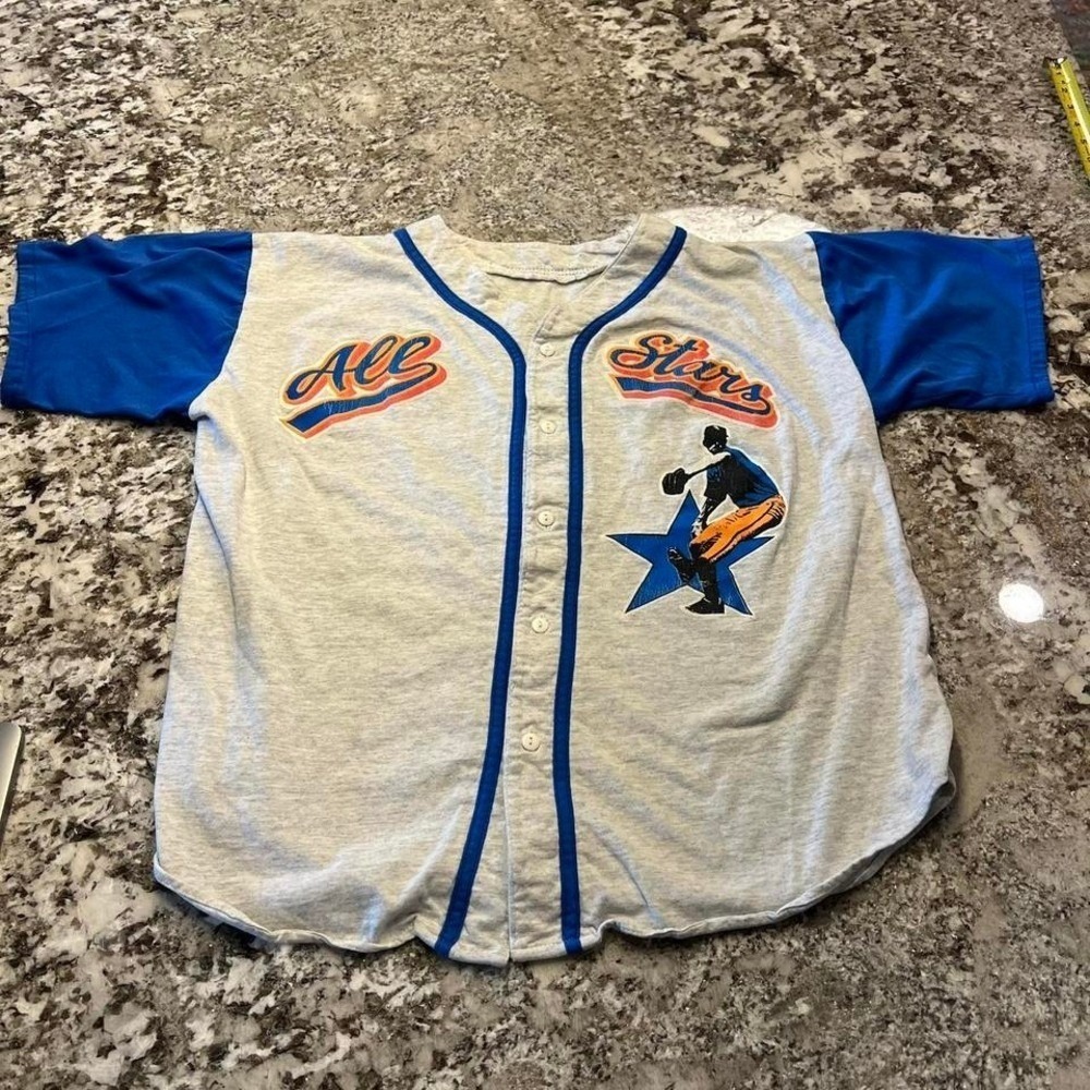 Vintage 1990s Athletic Works All Stars Baseball Jersey Grey Blue Small